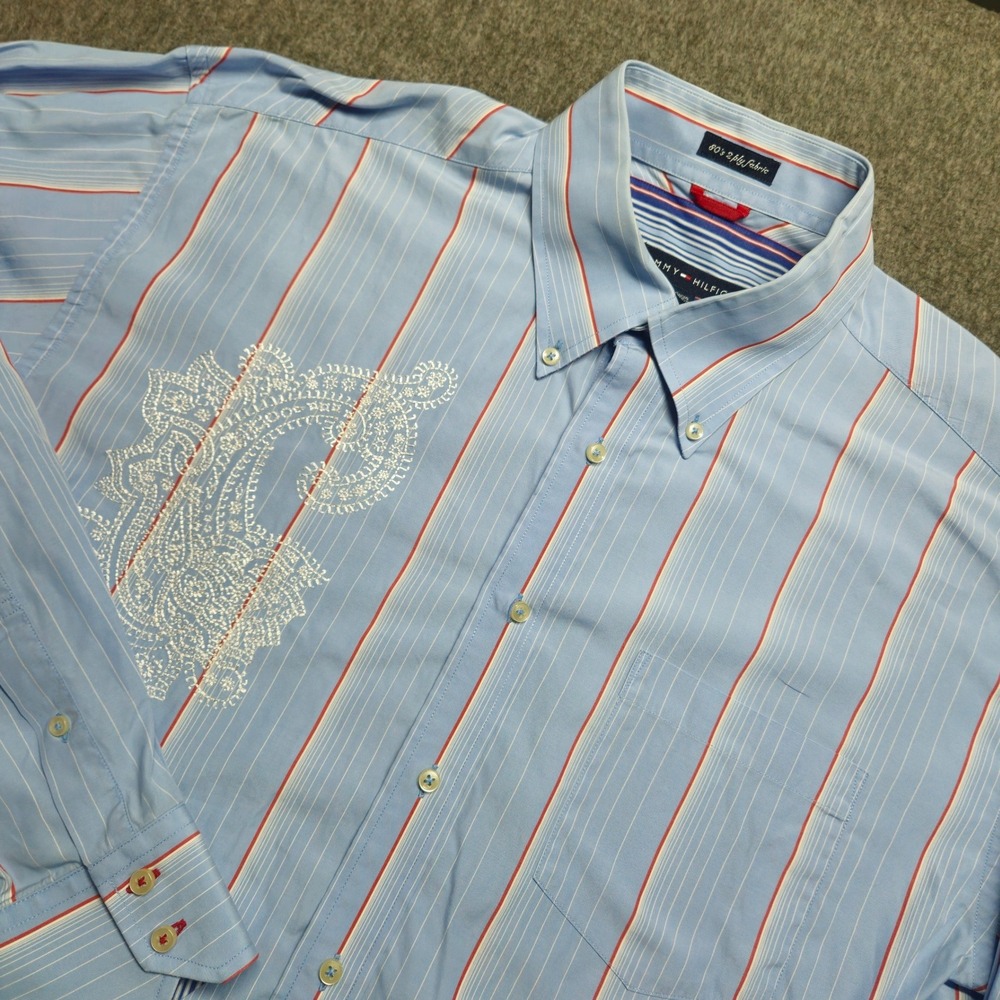 Tommy Hilfiger Button Down Shirt Mens XL Blue Striped Paisley Embroidered Cotton - Picture 1 of 10